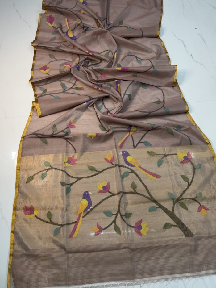 Premium Handwoven Muslin Jamdani Saree with Floral & Avian Motifs