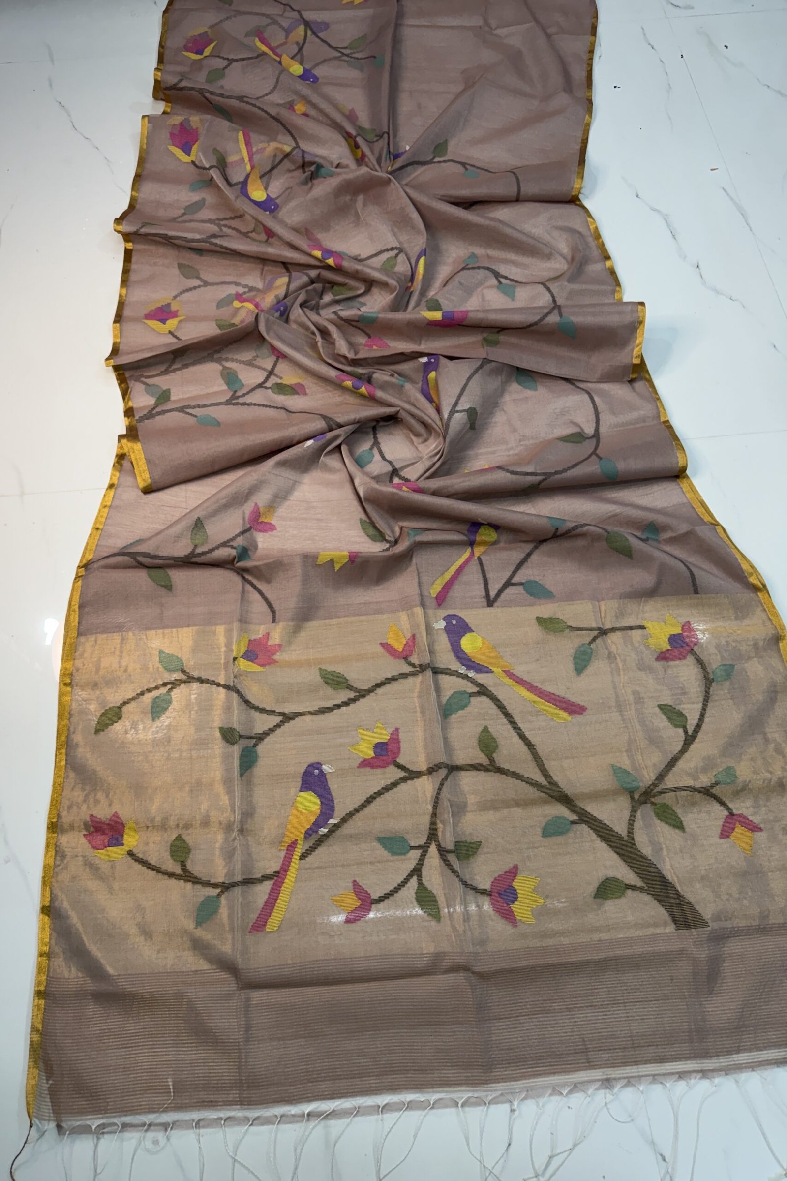 Premium Handwoven Muslin Jamdani Saree with Floral & Avian Motifs