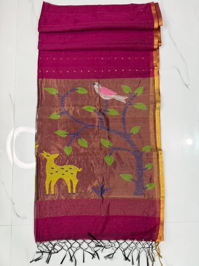 Alternative view of Exquisite Muslin Saree with Sequence Body and Handwoven Animal Motifs
