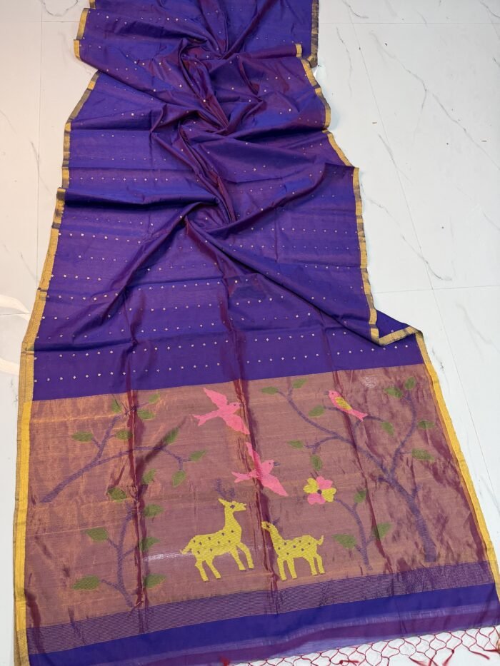 Exquisite Muslin Saree with Sequence Body and Handwoven Animal Motifs