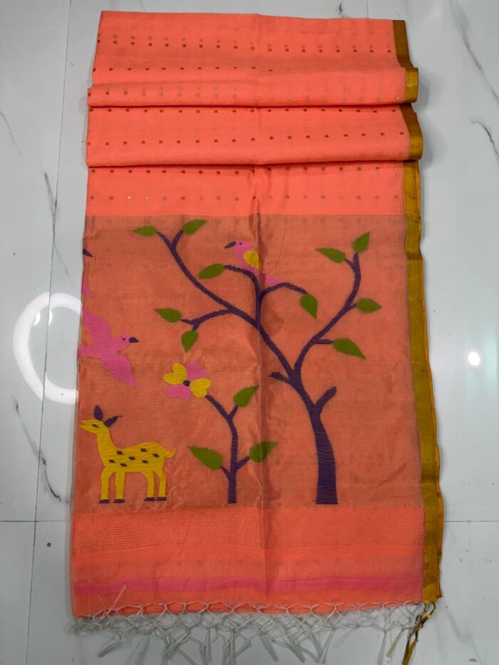 Alternative view of Exquisite Muslin Saree with Sequence Body and Handwoven Animal Motifs