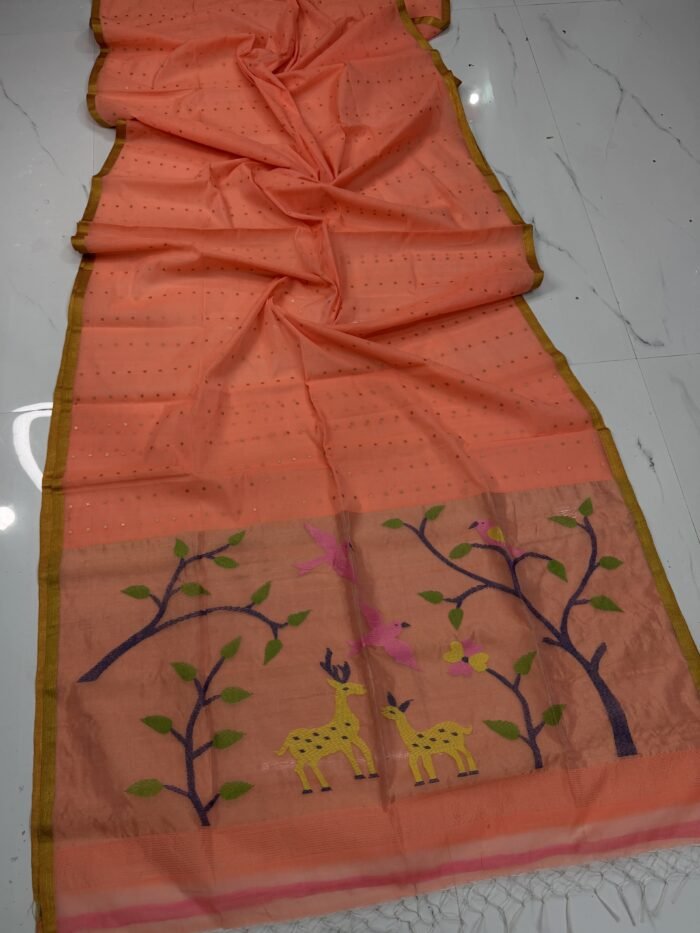 Exquisite Muslin Saree with Sequence Body and Handwoven Animal Motifs
