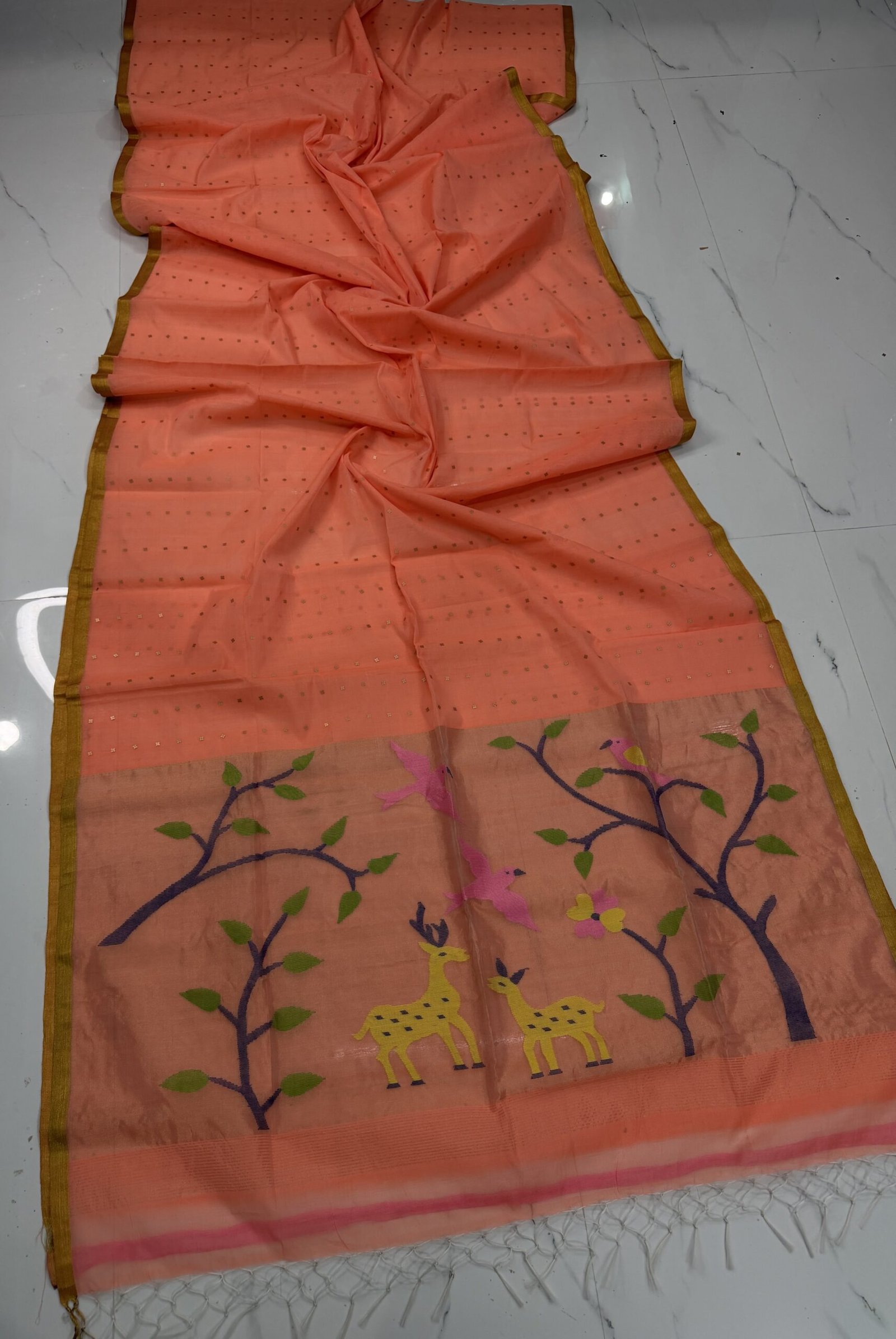 Exquisite Muslin Saree with Sequence Body and Handwoven Animal Motifs
