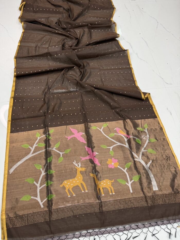 Exquisite Muslin Saree with Sequence Body and Handwoven Animal Motifs