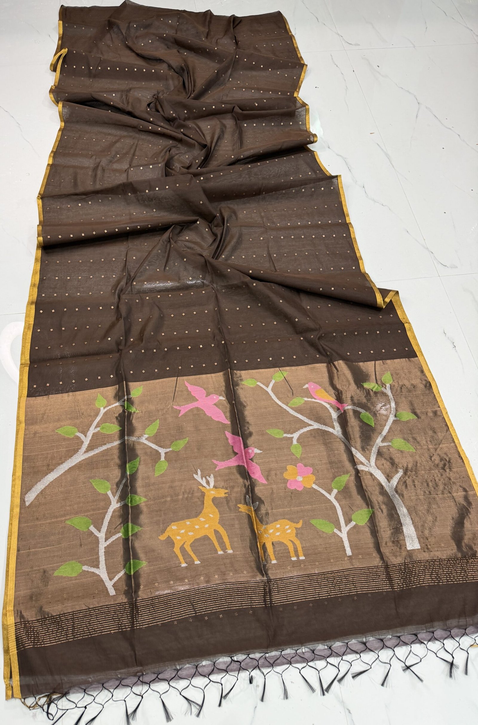 Exquisite Muslin Saree with Sequence Body and Handwoven Animal Motifs