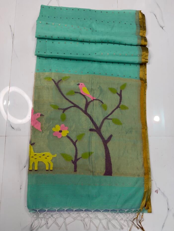 Alternative view of Exquisite Muslin Saree with Sequence Body and Handwoven Animal Motifs