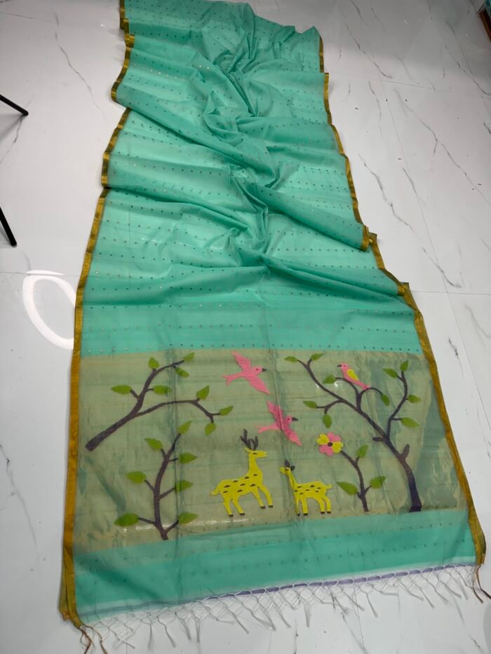 Exquisite Muslin Saree with Sequence Body and Handwoven Animal Motifs