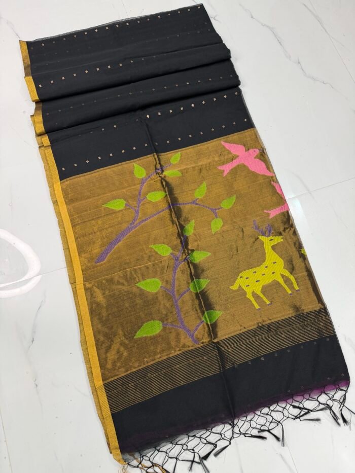 Alternative view of Exquisite Muslin Saree with Sequence Body and Handwoven Animal Motifs