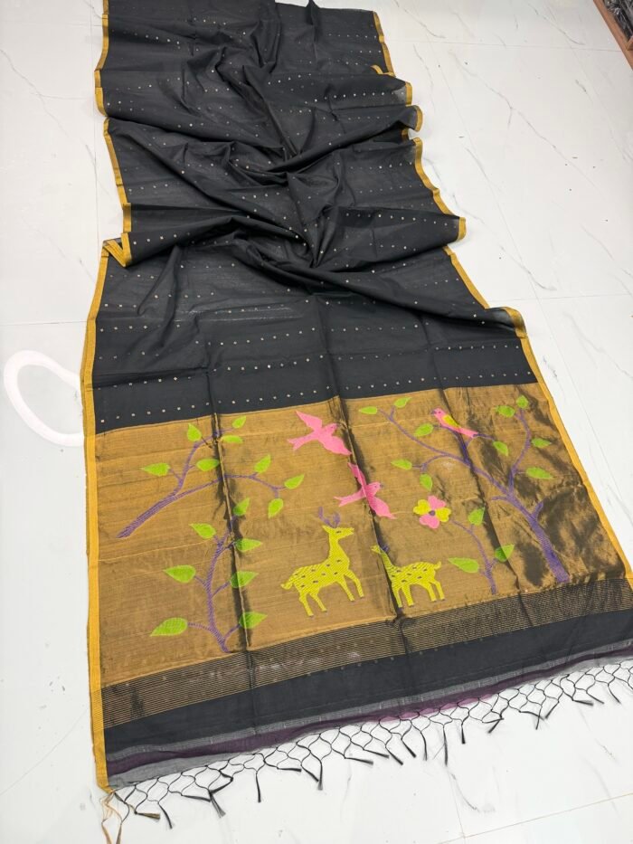 Exquisite Muslin Saree with Sequence Body and Handwoven Animal Motifs