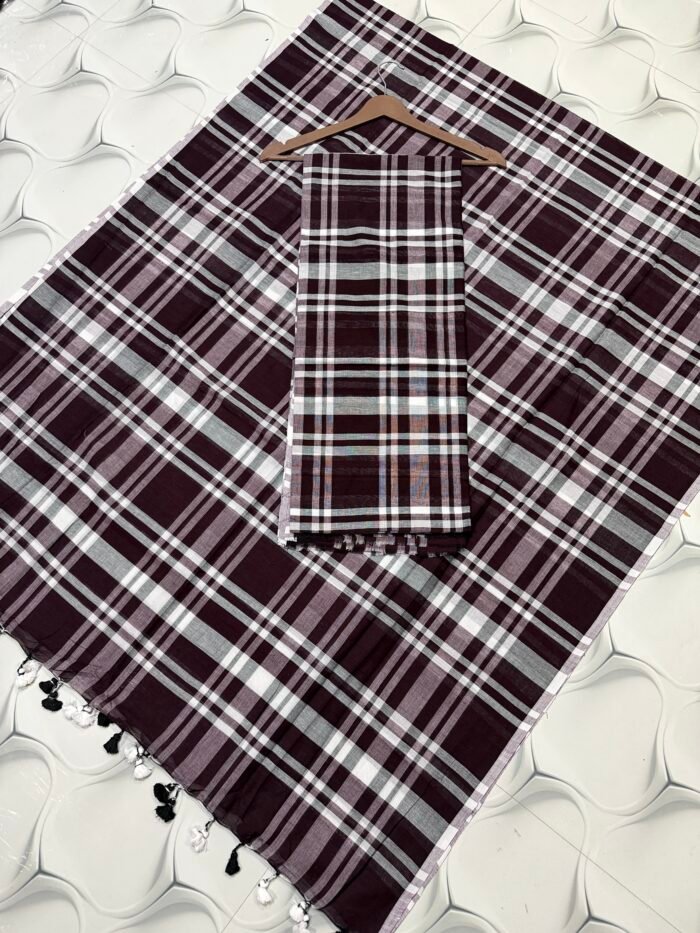 Premium Pure Cotton Unstitched Suite with Classic Tartan Checked Pattern & Contrast Tassels