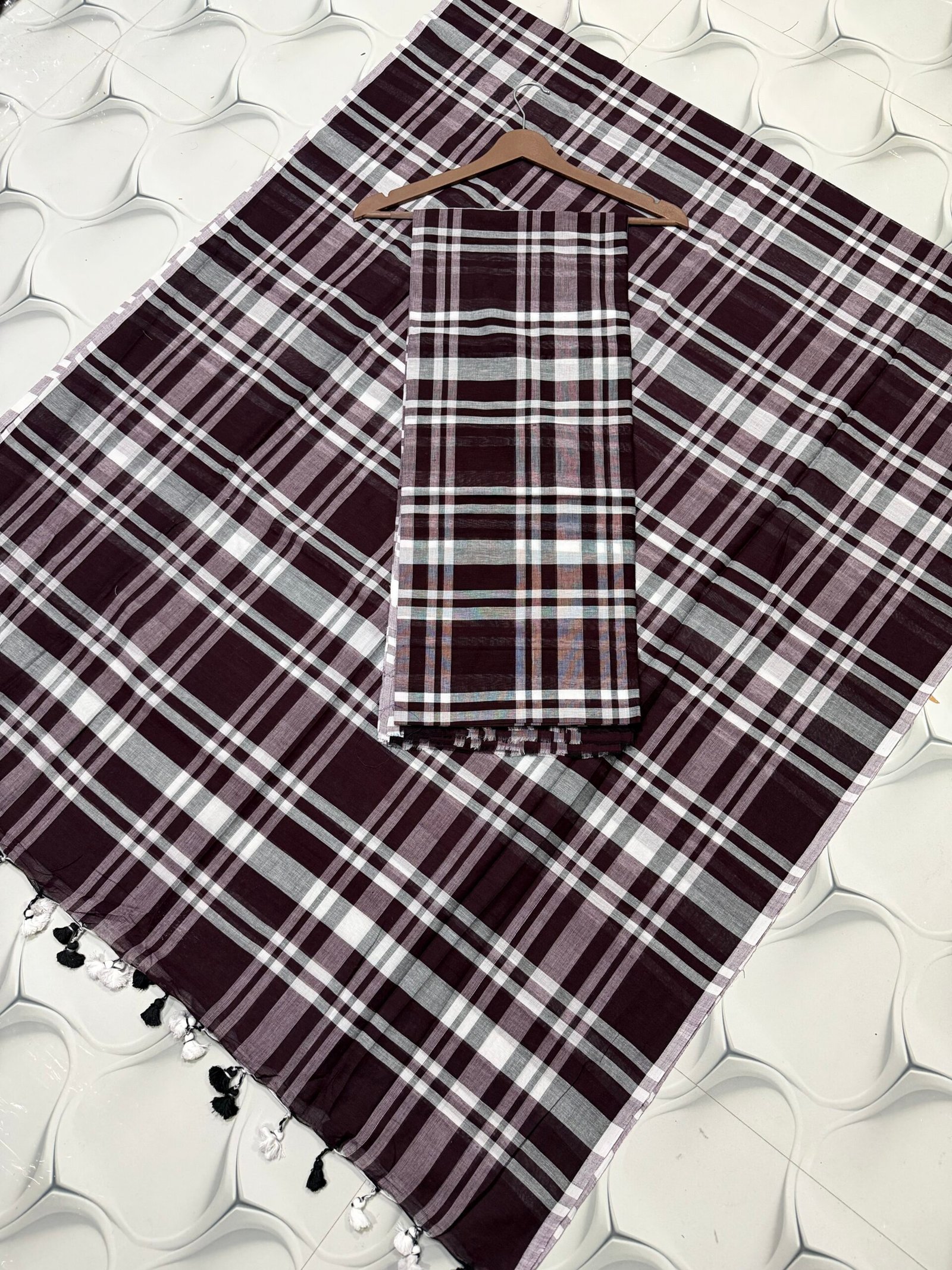 Premium Pure Cotton Unstitched Suite with Classic Tartan Checked Pattern & Contrast Tassels