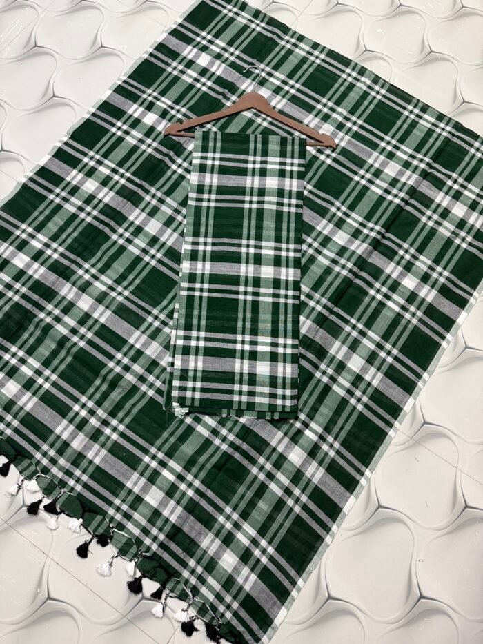 Premium Pure Cotton Unstitched Suite with Classic Tartan Checked Pattern & Contrast Tassels