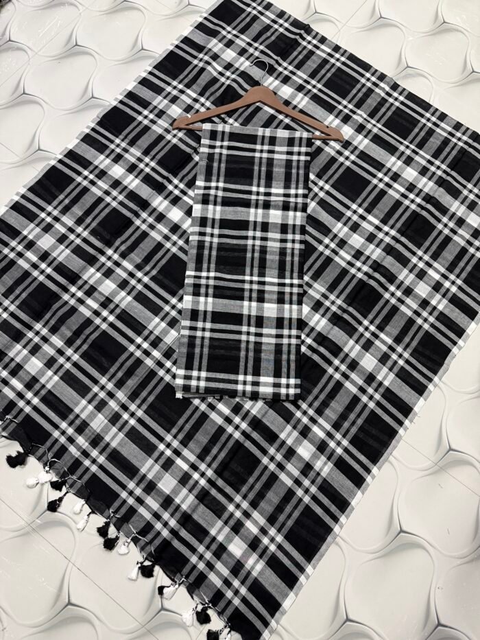 Premium Pure Cotton Unstitched Suite with Classic Tartan Checked Pattern & Contrast Tassels