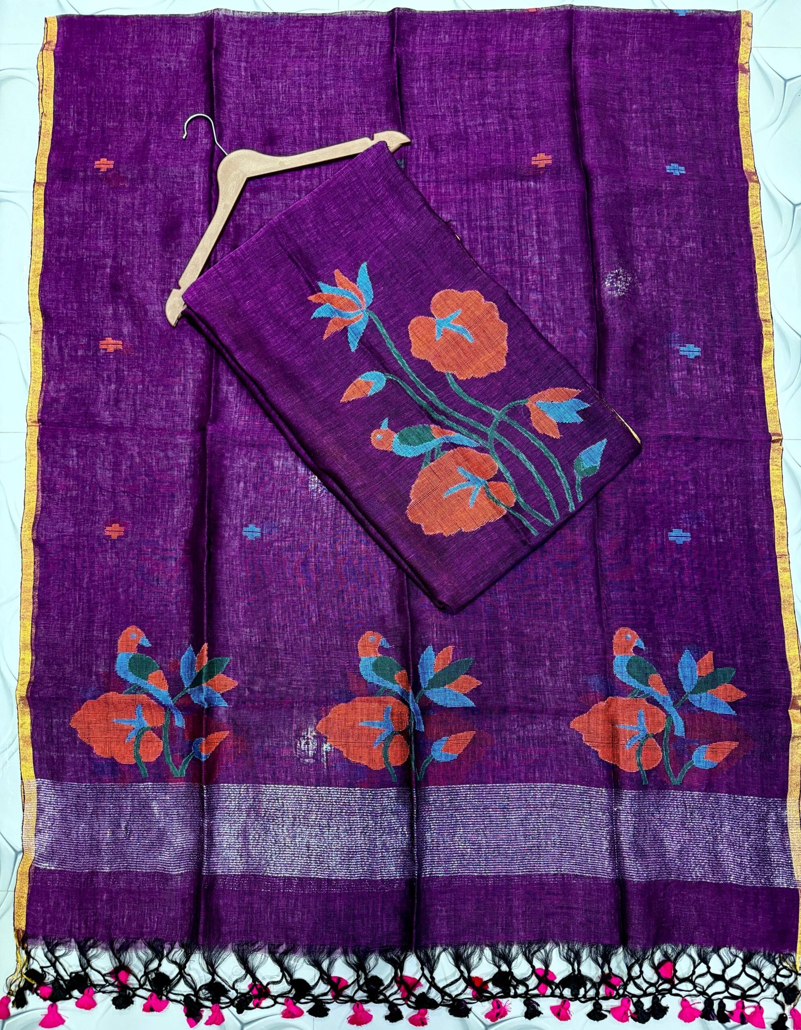 Premium Handwoven Unstitched Linen Floral Suit Set