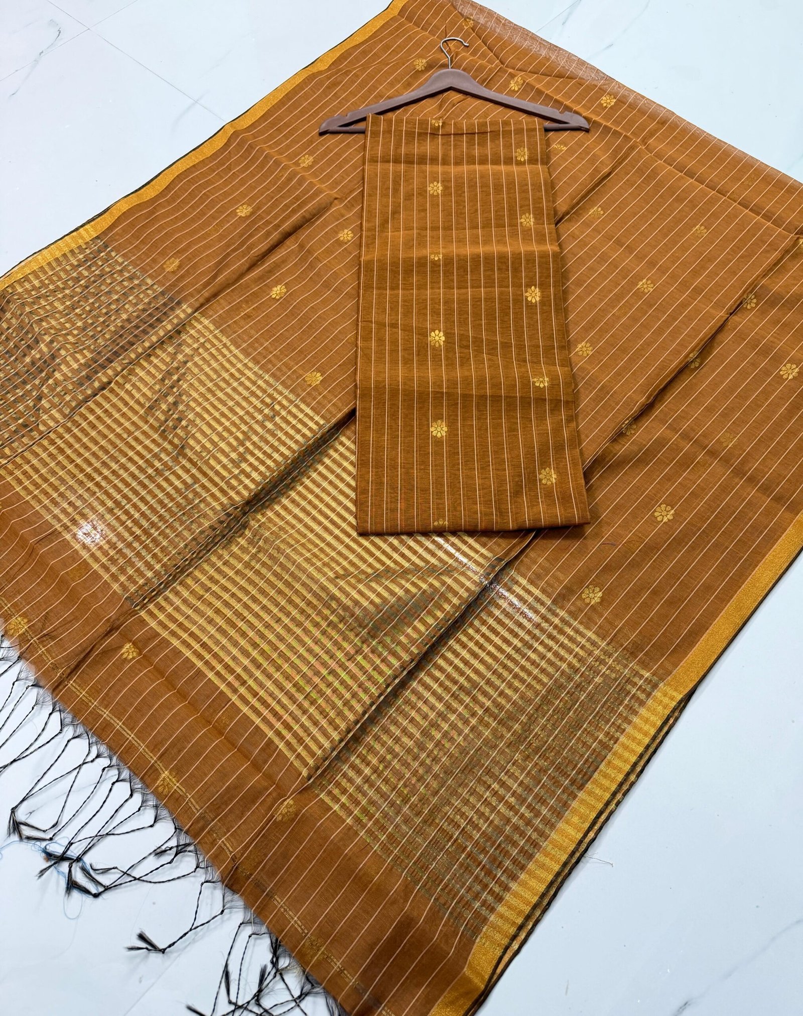 Cotton Silk Check Maheshwari Top & Dupatta Set (Unstitched)