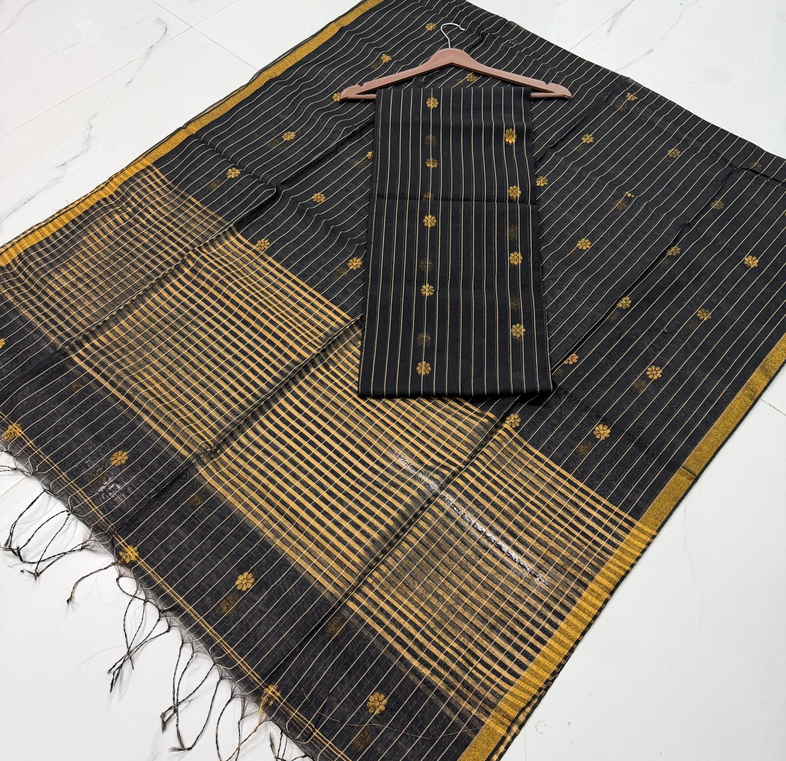 Cotton Silk Check Maheshwari Top & Dupatta Set (Unstitched)