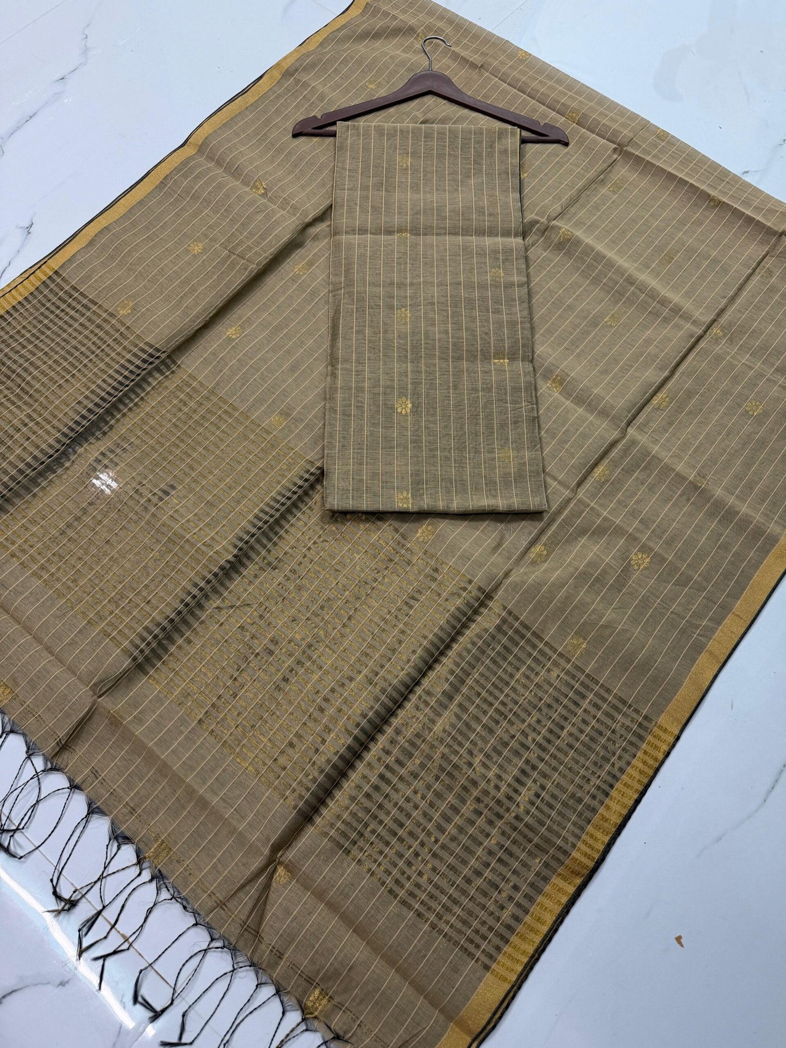 Cotton Silk Check Maheshwari Top & Dupatta Set (Unstitched)