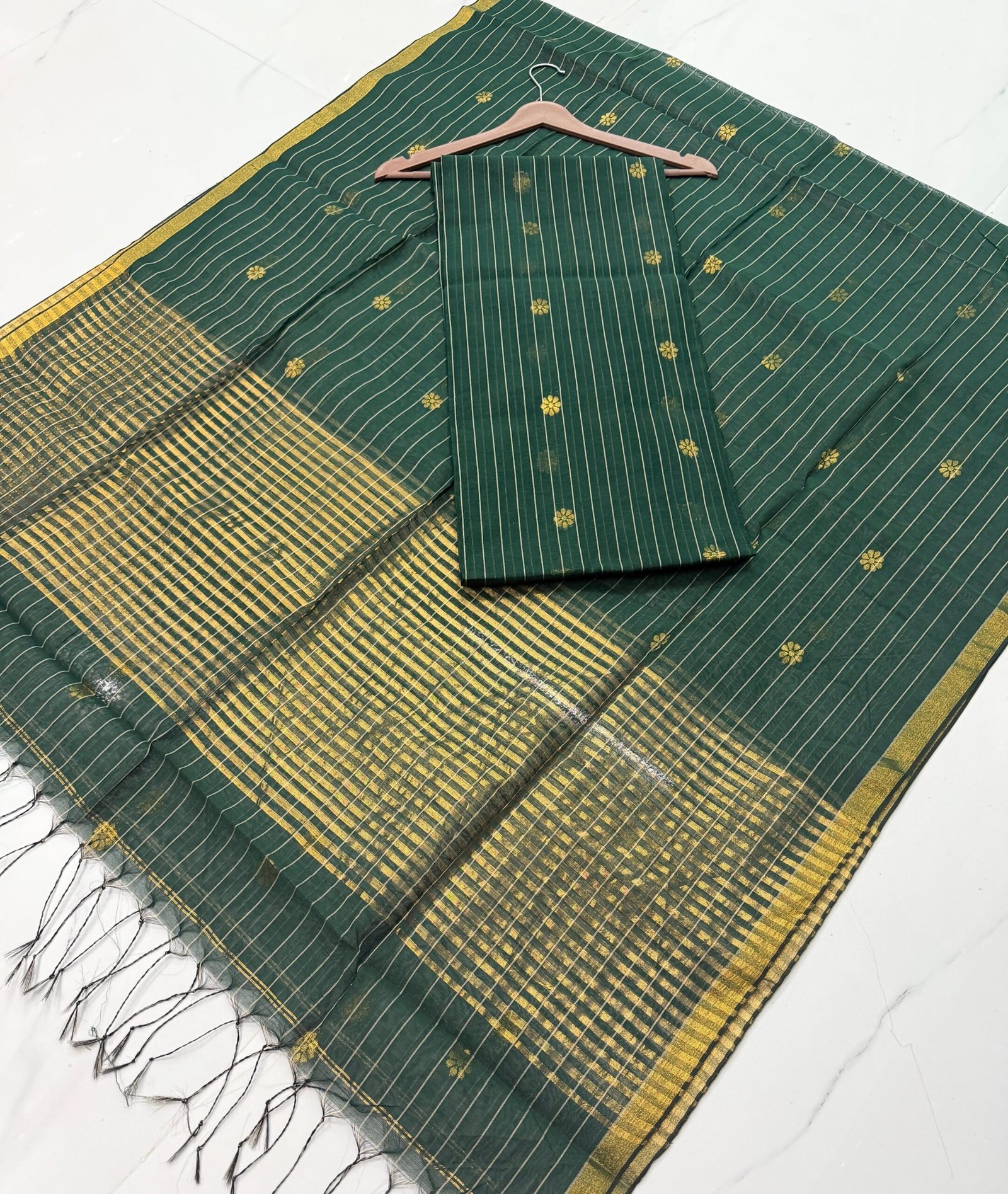 Cotton Silk Check Maheshwari Top & Dupatta Set (Unstitched)