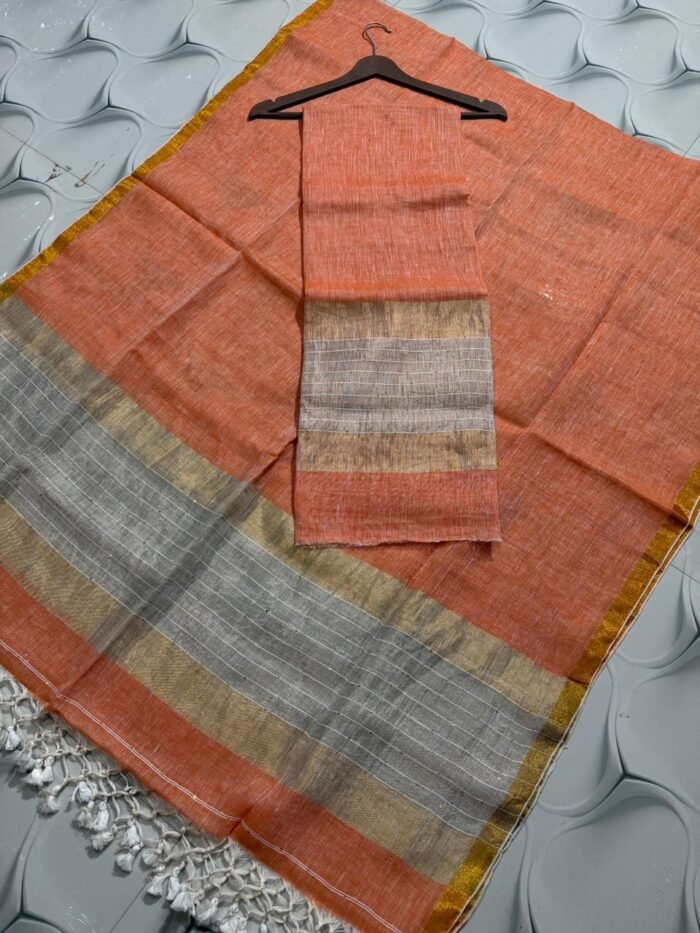 Elegant Pure Linen Top with Zari Border Dupatta Set