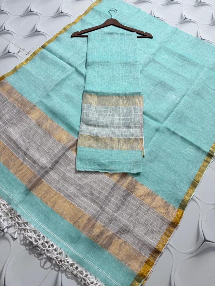 Elegant Pure Linen Top with Zari Border Dupatta Set
