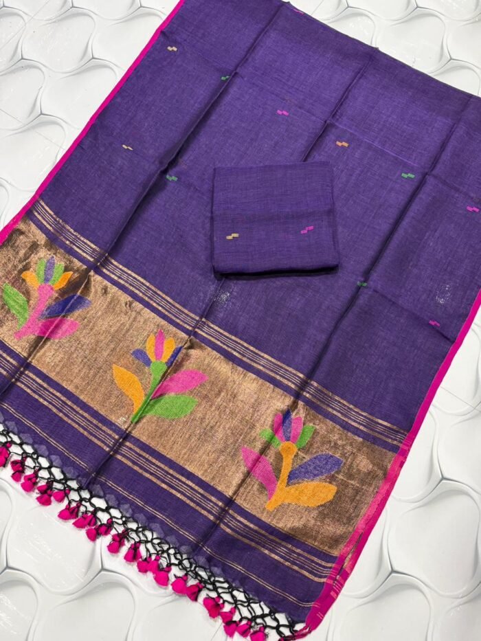 Artisanal Pure Linen Top & Dupatta Set with Floral Zari Border