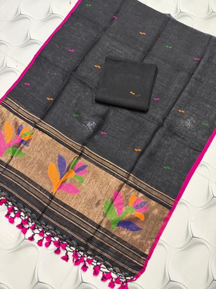 Artisanal Pure Linen Top & Dupatta Set with Floral Zari Border