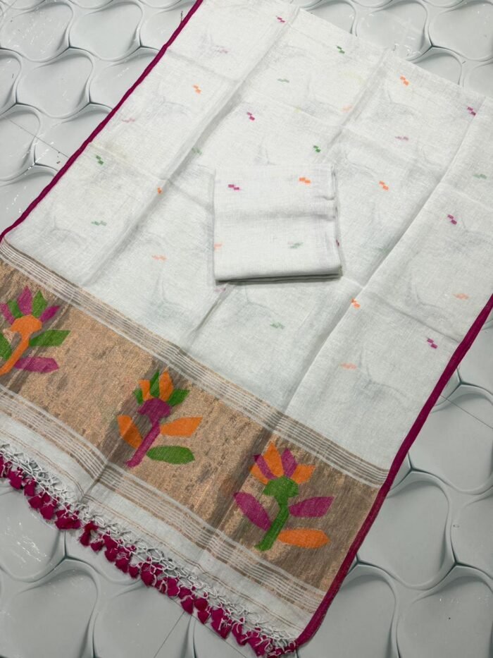 Artisanal Pure Linen Top & Dupatta Set with Floral Zari Border