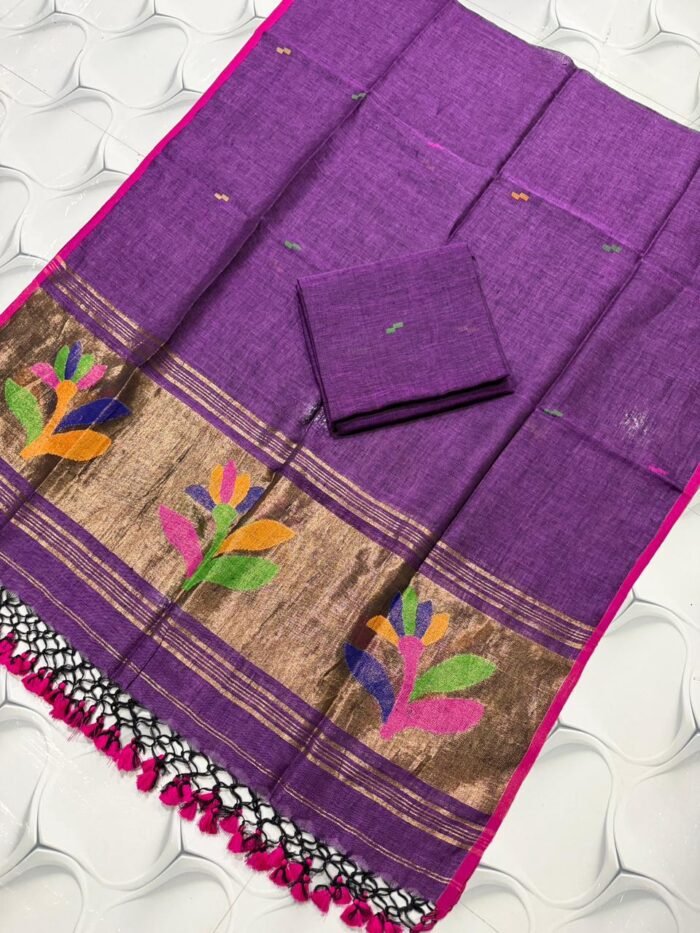 Artisanal Pure Linen Top & Dupatta Set with Floral Zari Border