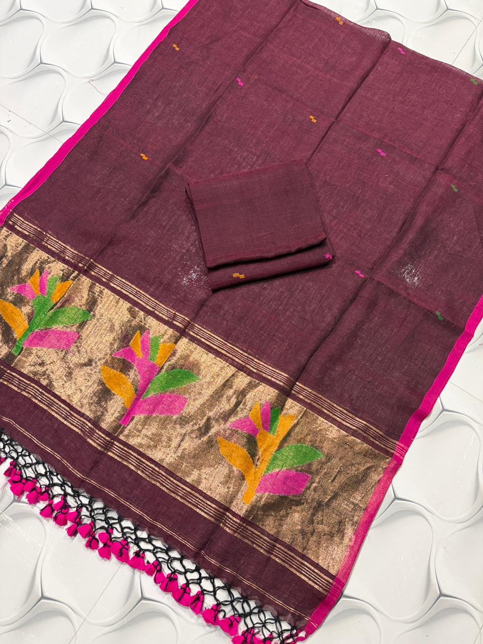 Artisanal Pure Linen Top & Dupatta Set with Floral Zari Border