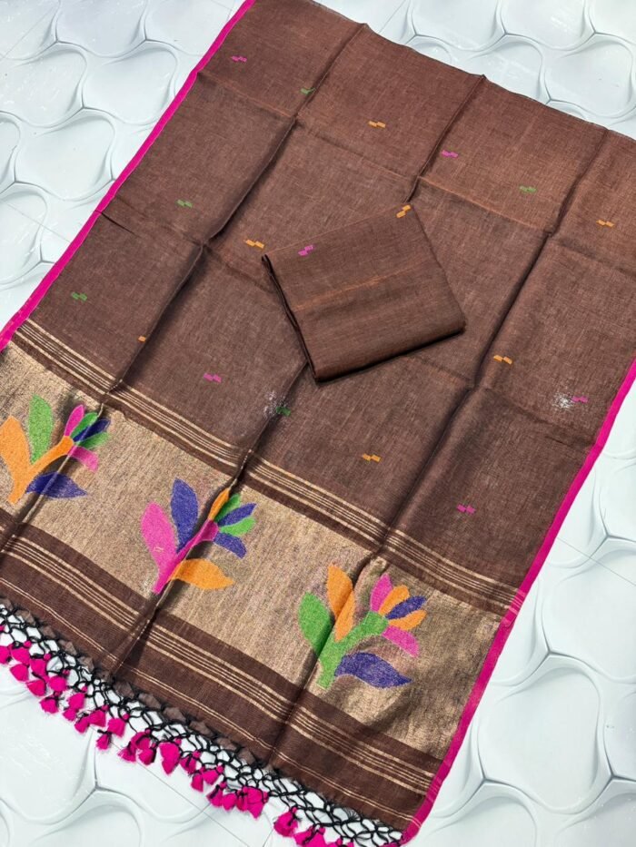 Artisanal Pure Linen Top & Dupatta Set with Floral Zari Border