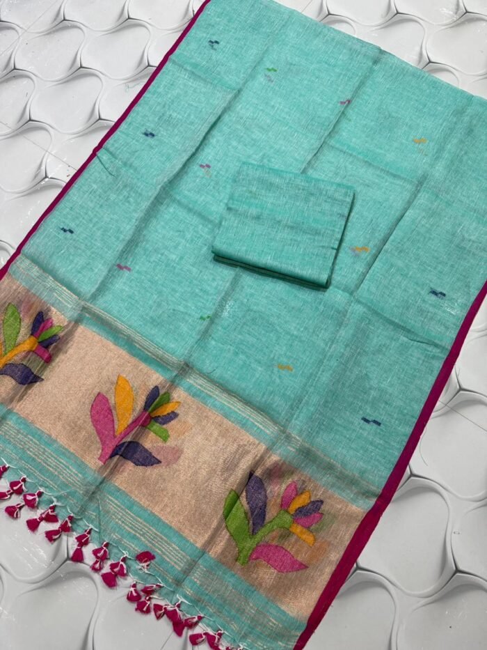 Artisanal Pure Linen Top & Dupatta Set with Floral Zari Border