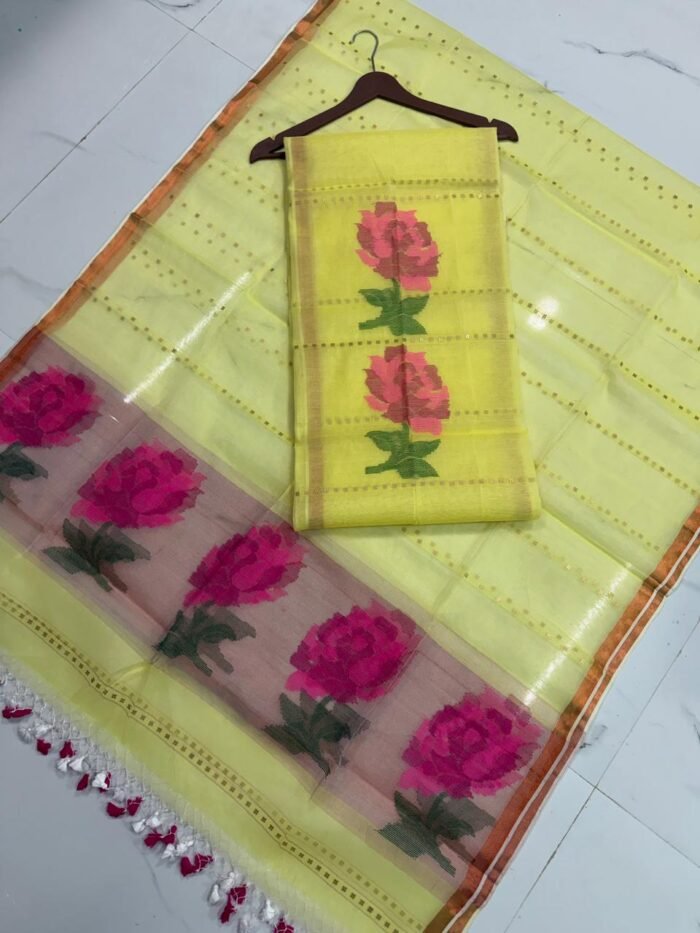 Exquisite Muslin Saree with Sequence Body and Handwoven Animal Motifs