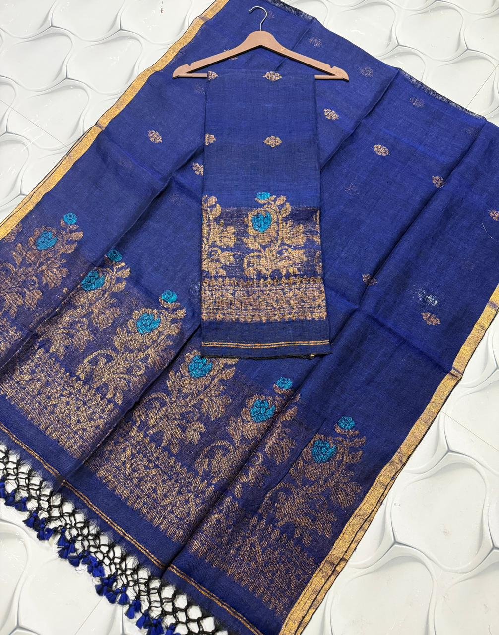 Premium Linen Floral Weaving Top & Dupatta Set (Unstitched)