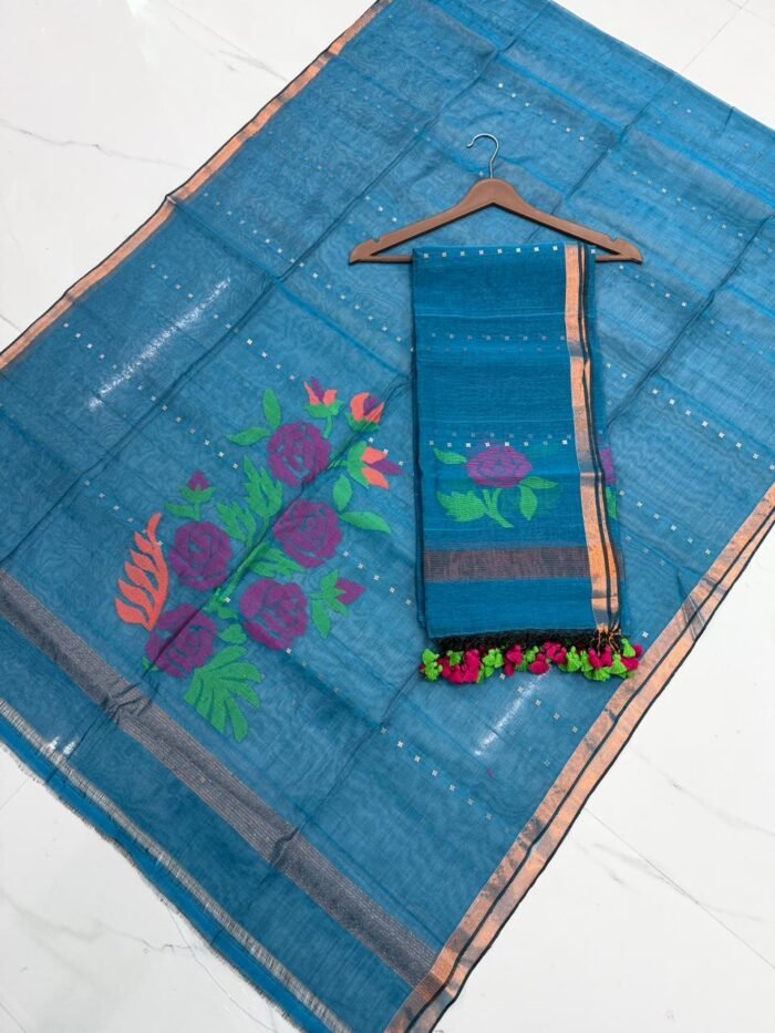 Premium Muslin Unstitched Suite with Sequence Work & Oversized Rose Jamdani Motifs