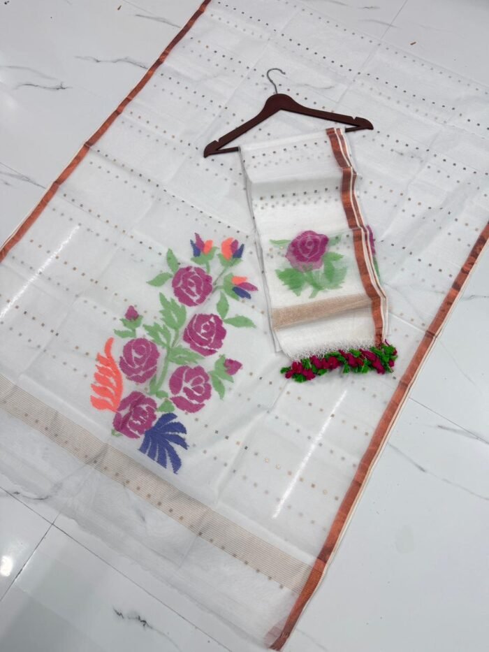 Premium Muslin Unstitched Suite with Sequence Work & Oversized Rose Jamdani Motifs