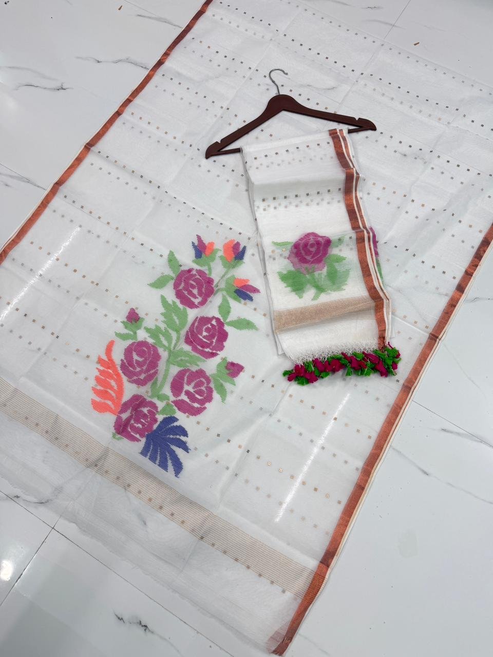 Premium Muslin Unstitched Suite with Sequence Work & Oversized Rose Jamdani Motifs