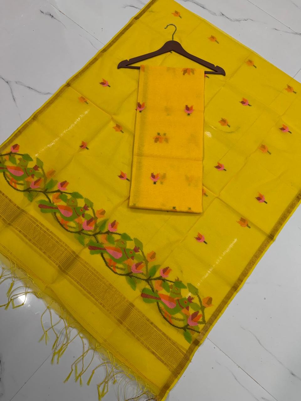 Premium Muslin Unstitched Suite with Avian Jamdani Artistry & Metallic Borders
