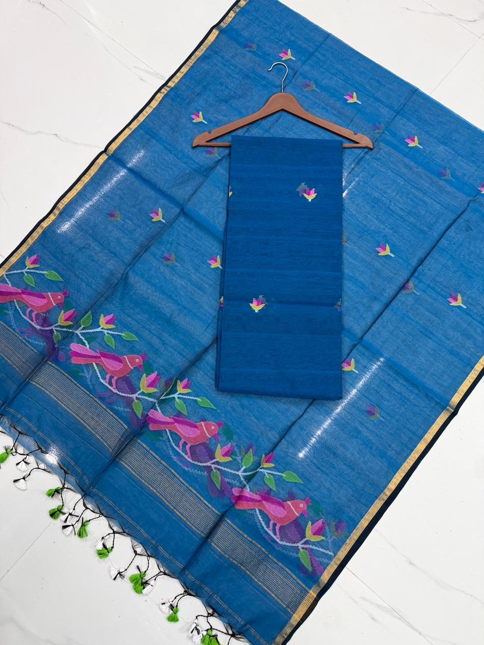 Premium Muslin Unstitched Suite with Avian Jamdani Artistry & Metallic Borders
