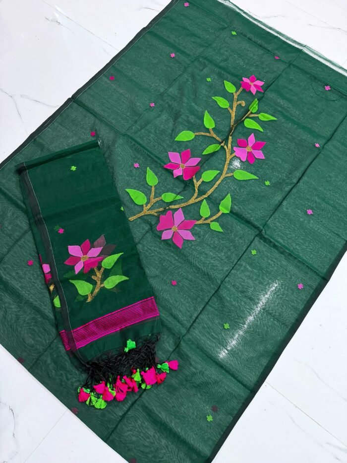 Premium Muslin Unstitched Suite with Large Floral Vine Jamdani & Tasseled Dupatta