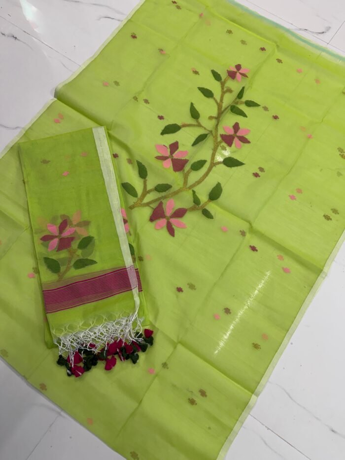 Premium Muslin Unstitched Suite with Large Floral Vine Jamdani & Tasseled Dupatta