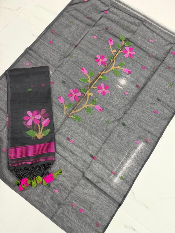 Premium Muslin Unstitched Suite with Large Floral Vine Jamdani & Tasseled Dupatta