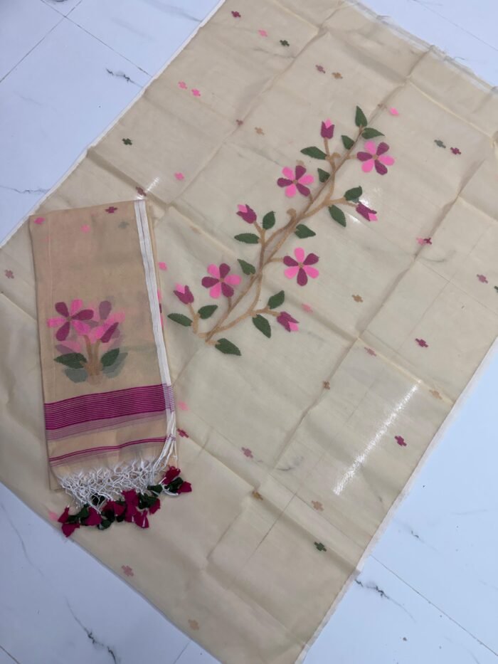 Premium Muslin Unstitched Suite with Large Floral Vine Jamdani & Tasseled Dupatta