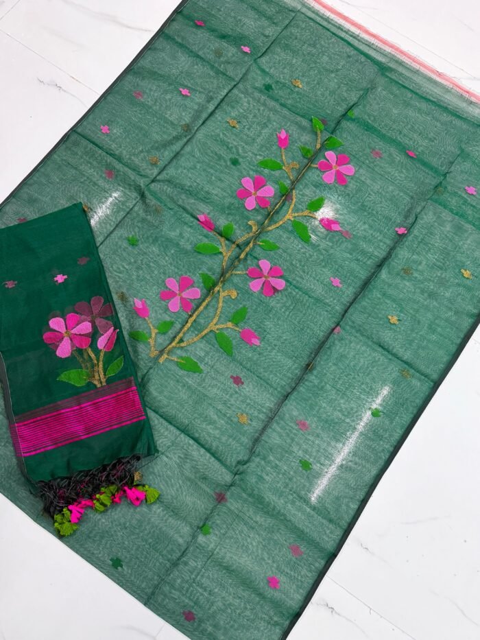 Premium Muslin Unstitched Suite with Large Floral Vine Jamdani & Tasseled Dupatta