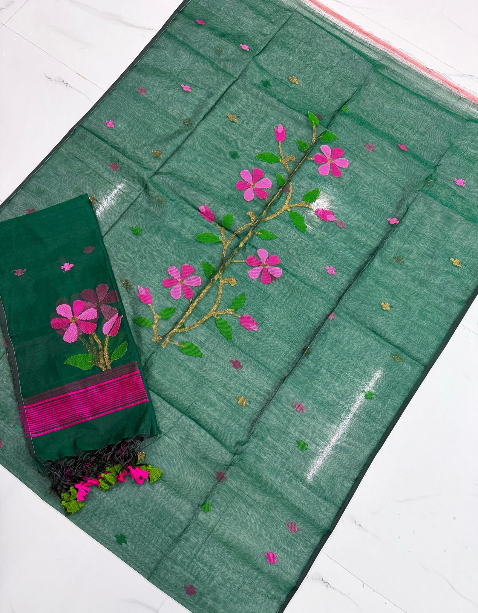 Premium Muslin Unstitched Suite with Large Floral Vine Jamdani & Tasseled Dupatta