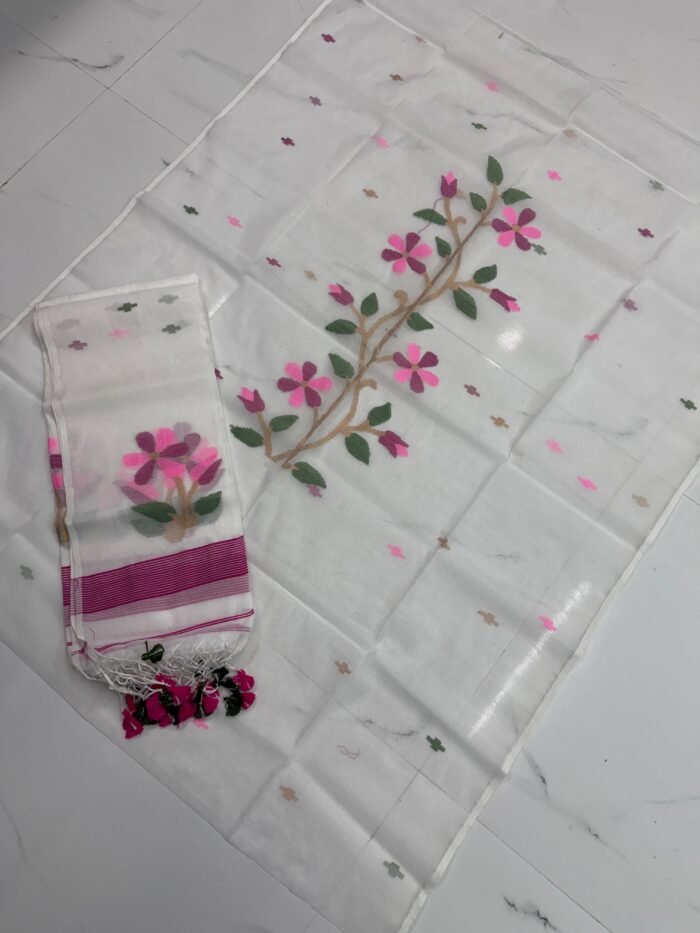 Premium Muslin Unstitched Suite with Large Floral Vine Jamdani & Tasseled Dupatta