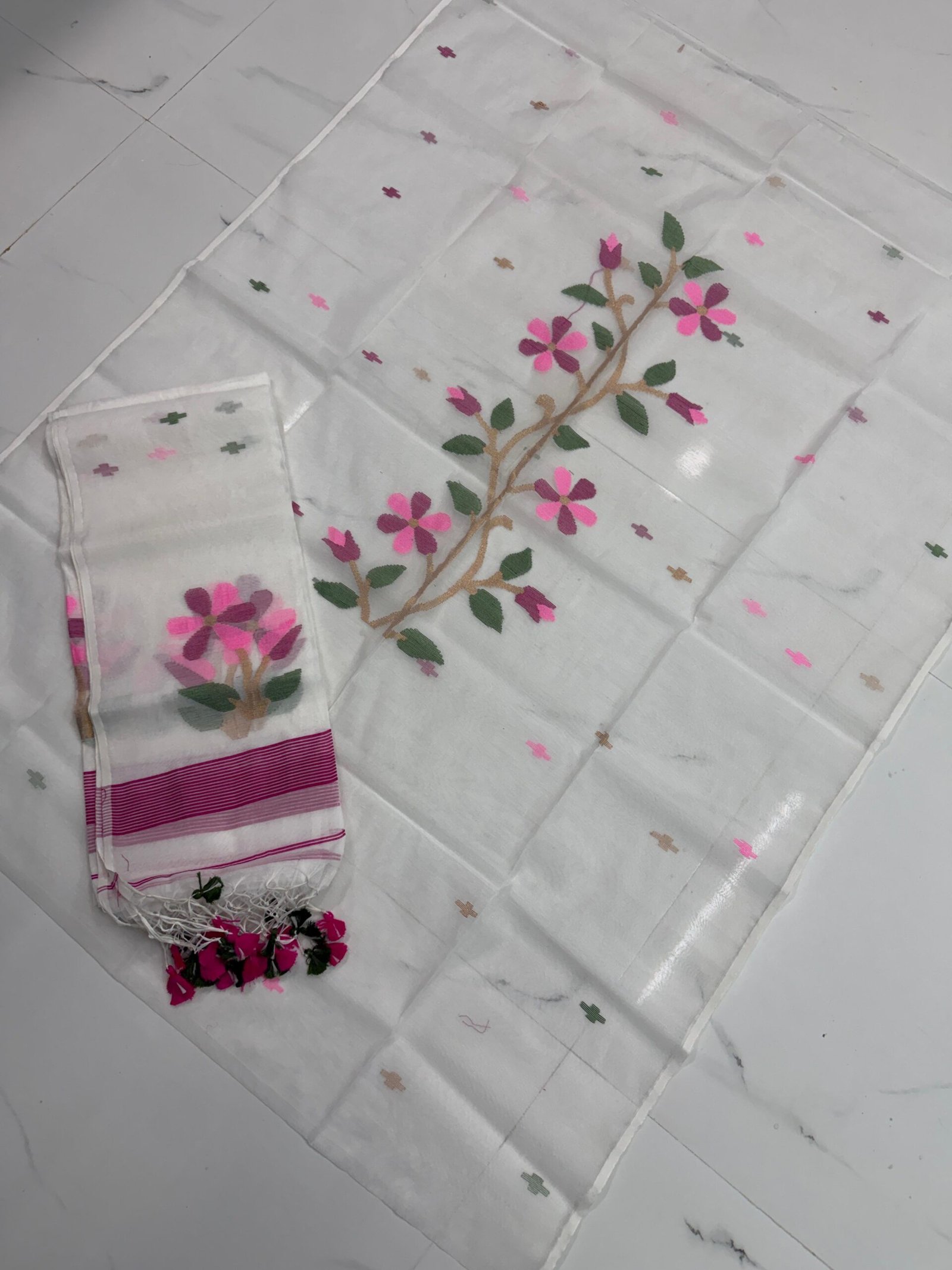 Premium Muslin Unstitched Suite with Large Floral Vine Jamdani & Tasseled Dupatta