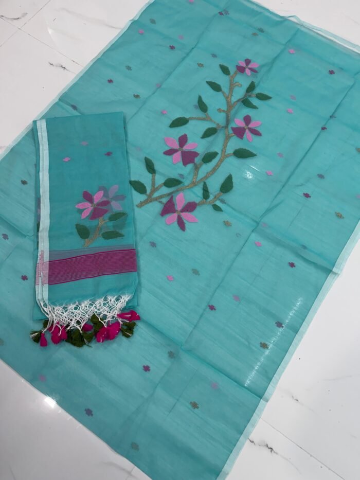 Premium Muslin Unstitched Suite with Large Floral Vine Jamdani & Tasseled Dupatta