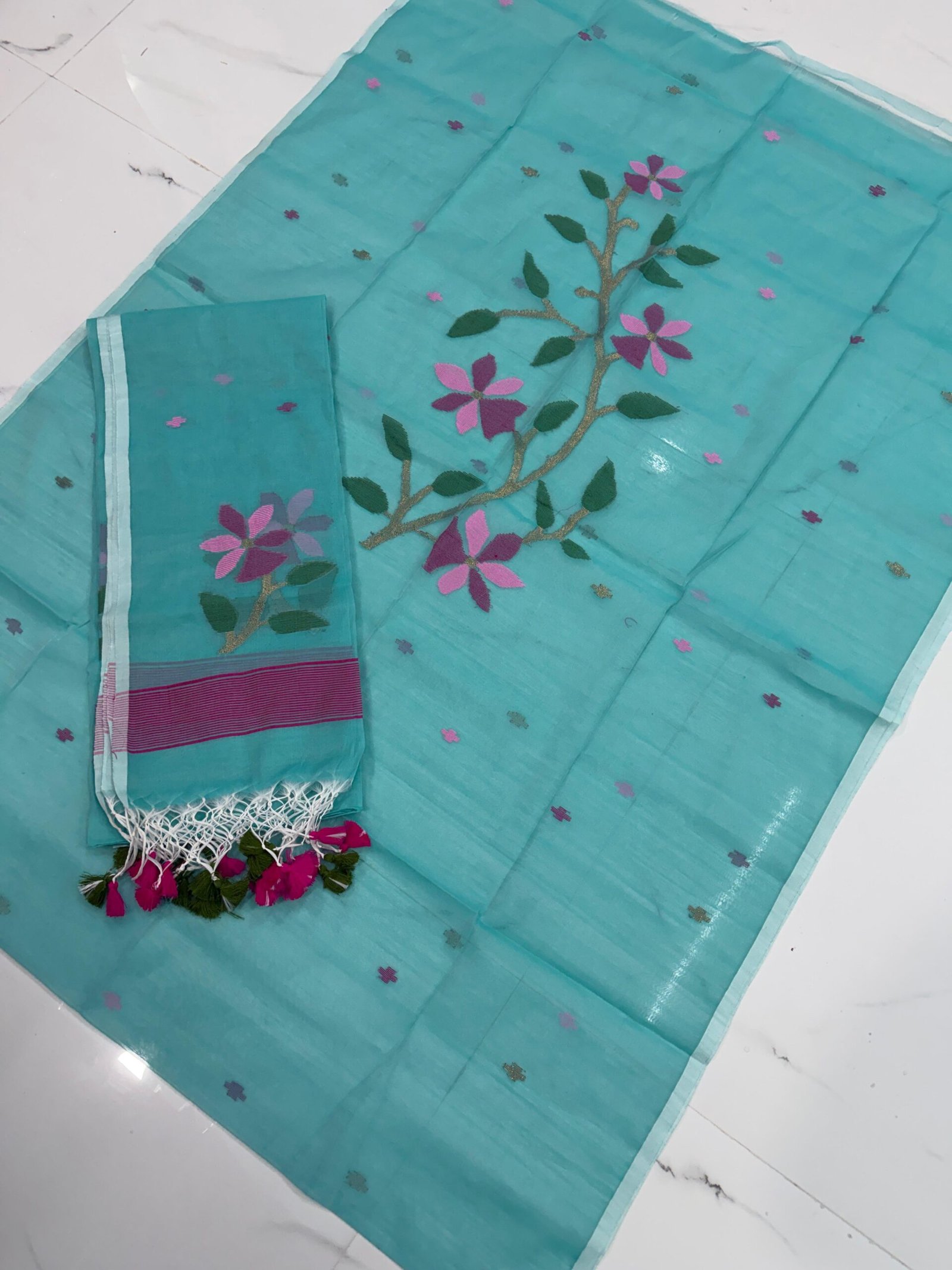 Premium Muslin Unstitched Suite with Large Floral Vine Jamdani & Tasseled Dupatta