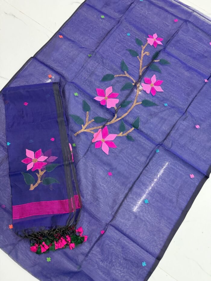 Premium Muslin Unstitched Suite with Large Floral Vine Jamdani & Tasseled Dupatta