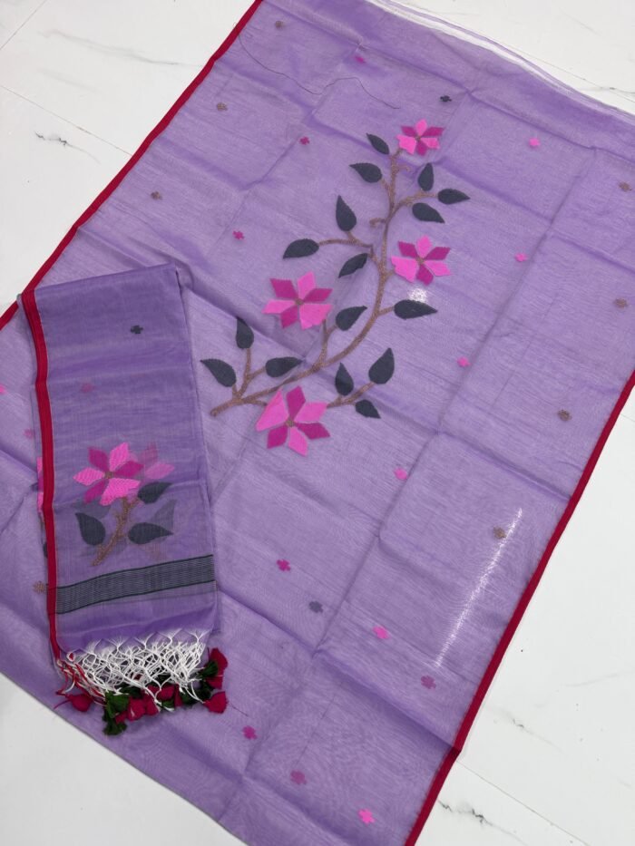 Premium Muslin Unstitched Suite with Large Floral Vine Jamdani & Tasseled Dupatta